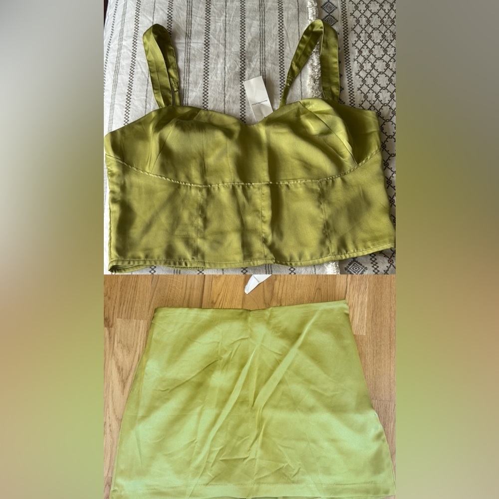 NWT- Abercrombie Olive Green Satin Crop Top and Skirt - Sz L